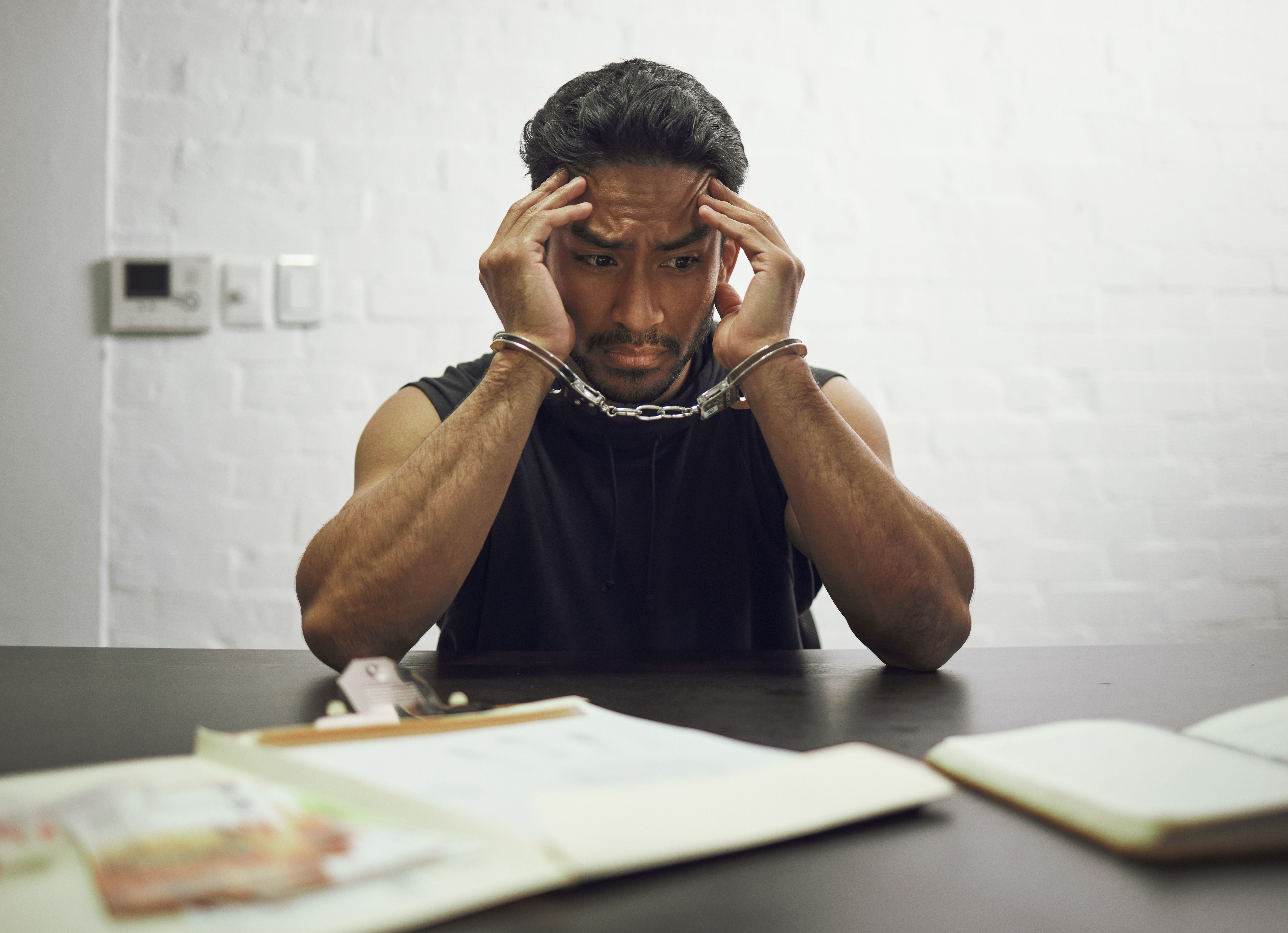 Man in handcuffs fearing interrogation