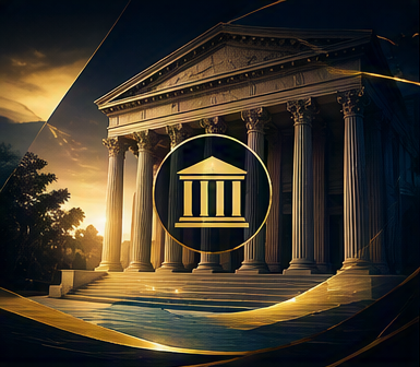 Classical courthouse columns in gold and navy for constitutional and public law