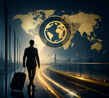 Traveller with luggage on a golden pathway for immigration and work permits