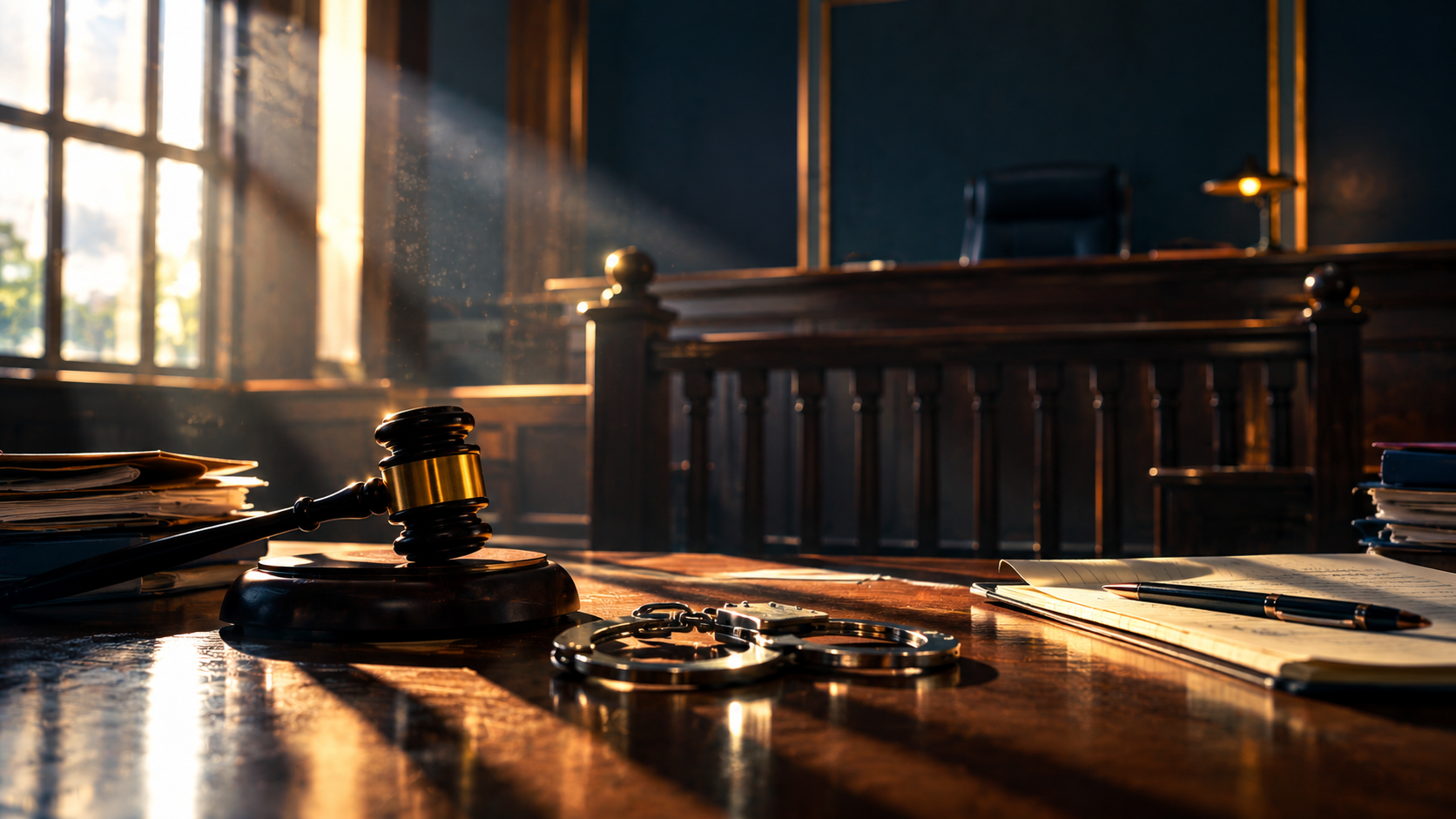Candlelit-style defence table with gavel and handcuffs under dramatic light