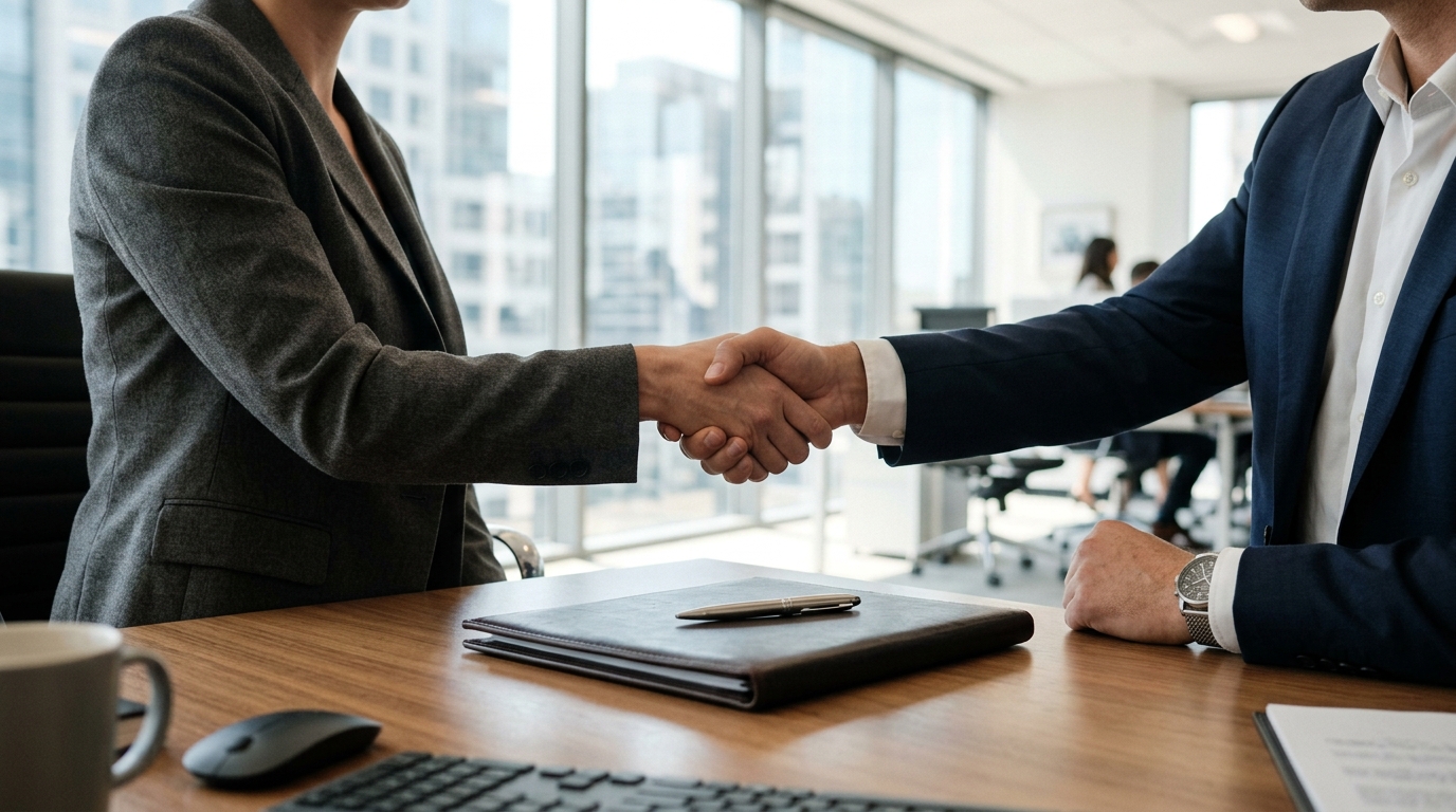 Professionals shaking hands across an office desk over contracts