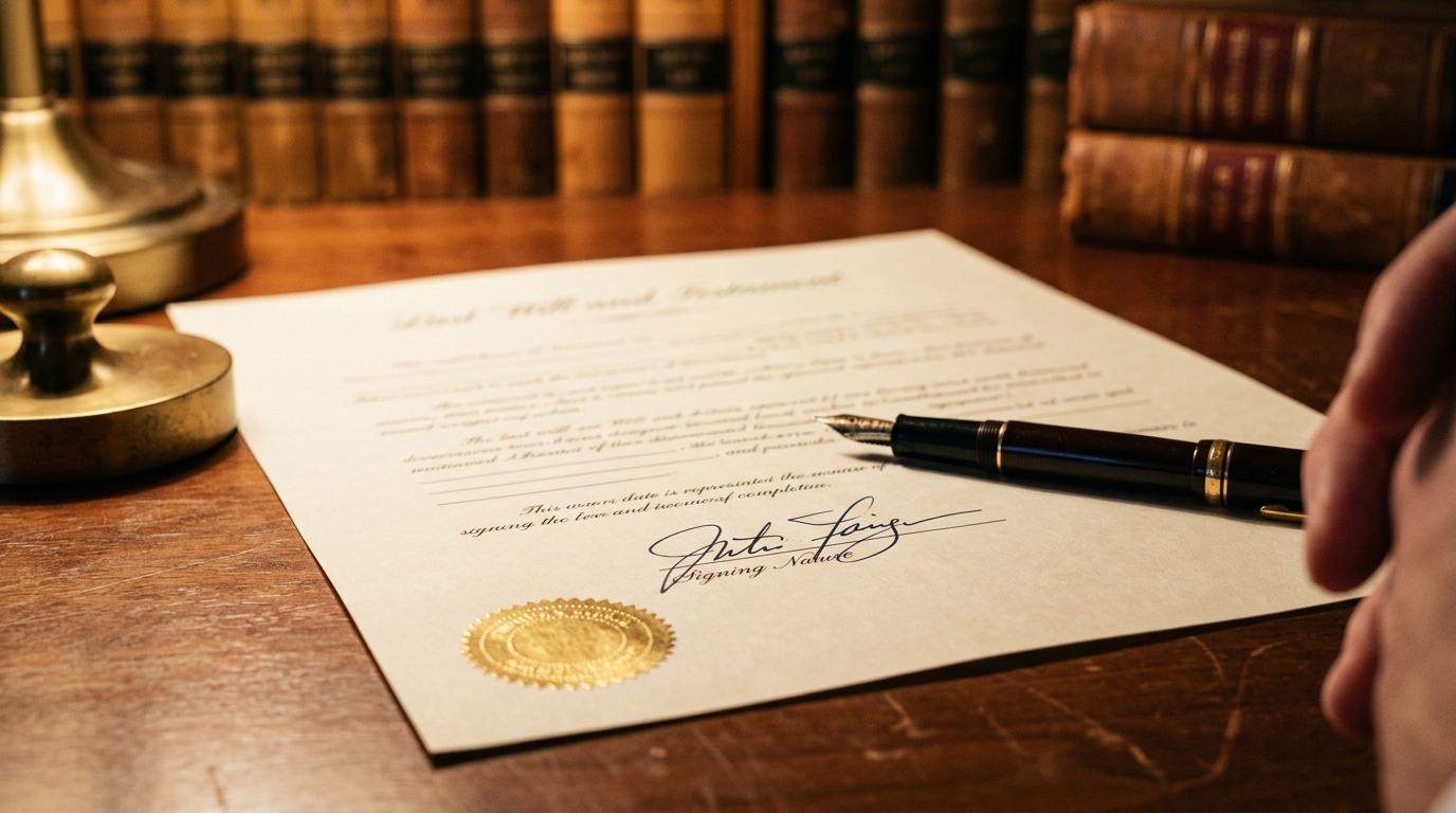 Signed will with fountain pen and gold seal on a mahogany desk
