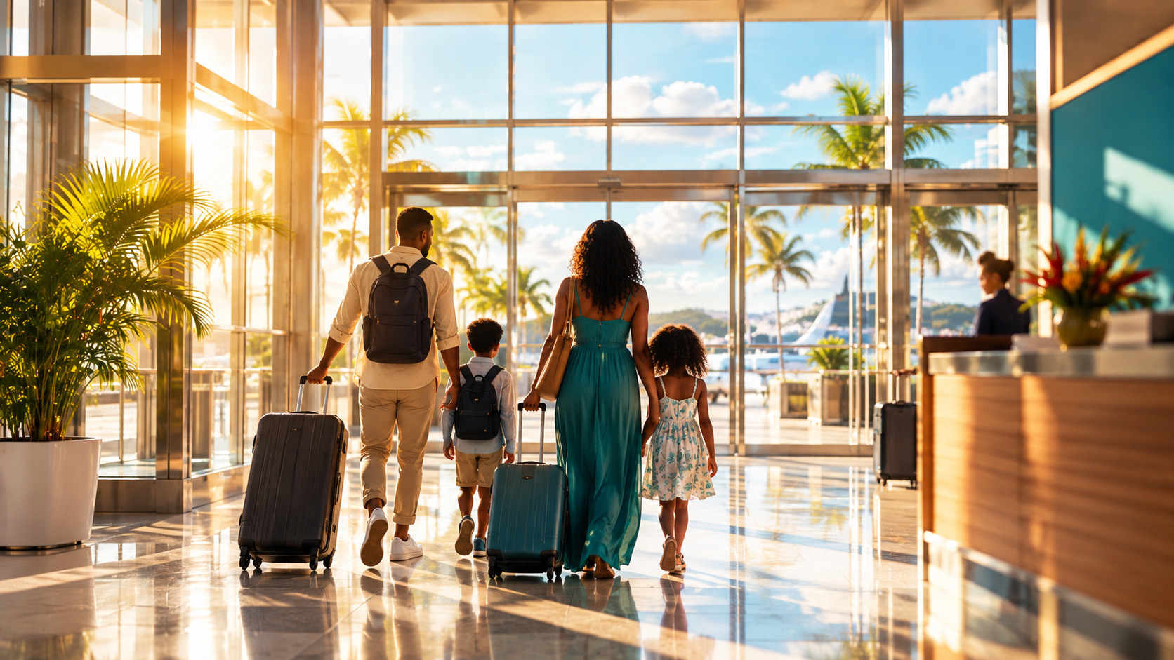 Family with luggage walking through a bright airport arrival corridor